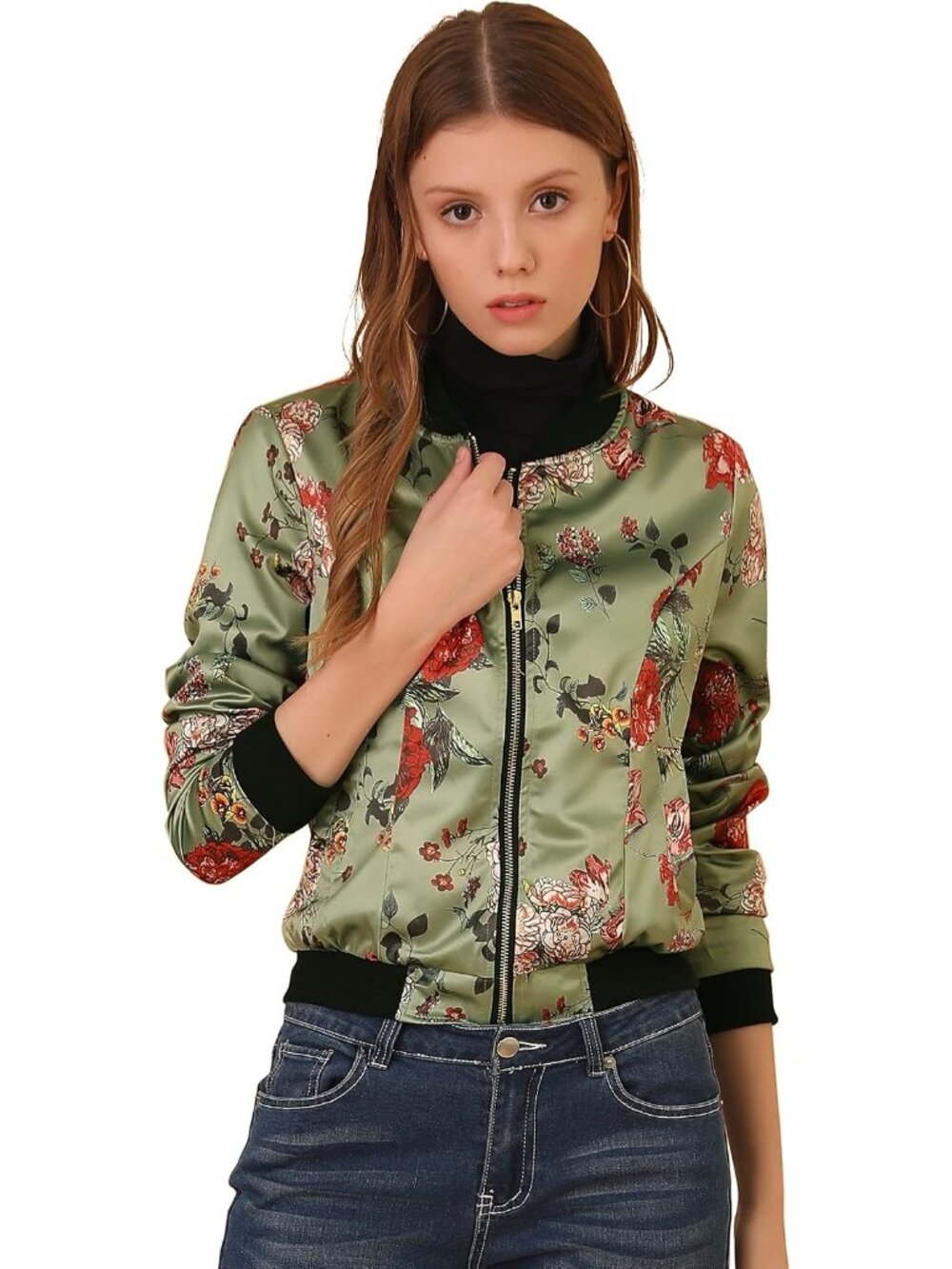 Women's Bomber Jacket Satin Long Sleeve Floral Coat with Pocket
